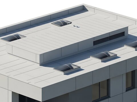 Modern Building Roof with Skylights and Ventilation Grilles 3D Illustration