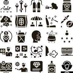 Fototapeta premium Conceptual grid of glyph icons depicting a broad range of themes including business, agriculture, health, science, transportation, industry, advertisement, and various essential services