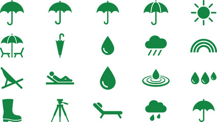 Obraz premium Green Weather and Summer Resort Icon Set Featuring Umbrella Sun Rain Cloud Raindrops Rainbow Deckchair and Beach Lounge Symbols for Seasonal Graphic Designs