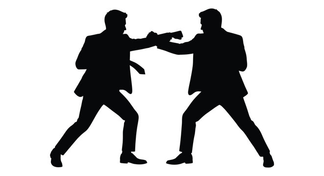 Two businessmen fighting a physical altercation in suits black silhouette