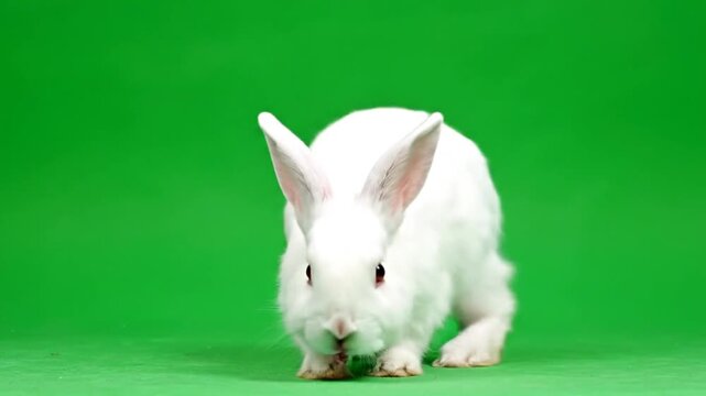 A fluffy white rabbit with red eyes stands on a vibrant green screen background, looking forward.