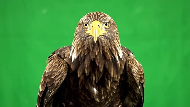 A majestic brown eagle with a yellow beak stares directly at the camera against a vibrant green screen background.