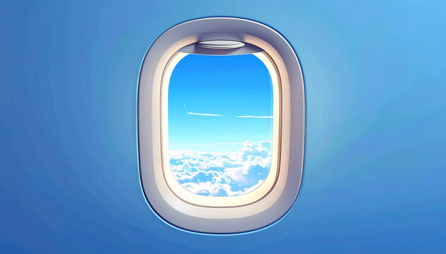 Airplane window view of blue sky and clouds