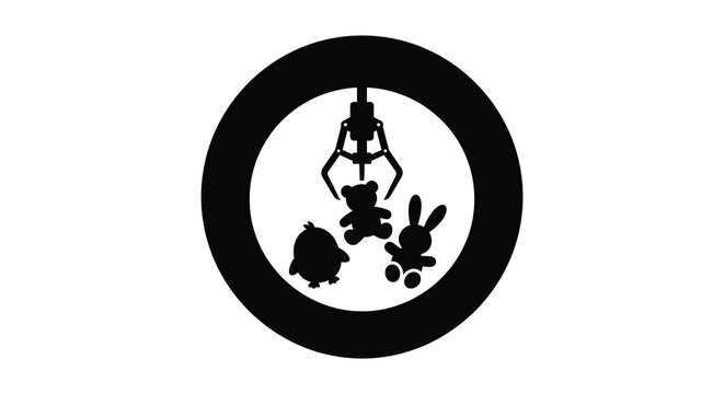Claw machine with stuffed animals and toys in a circular frame silhouette