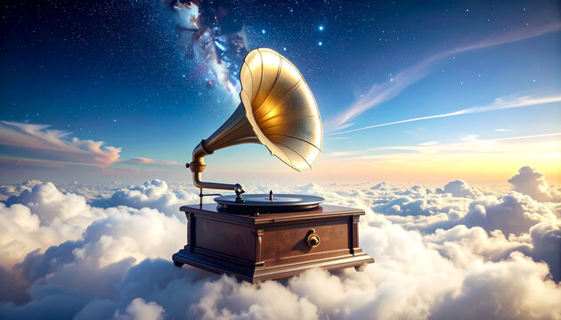 Vintage gramophone floating on clouds with starry sky