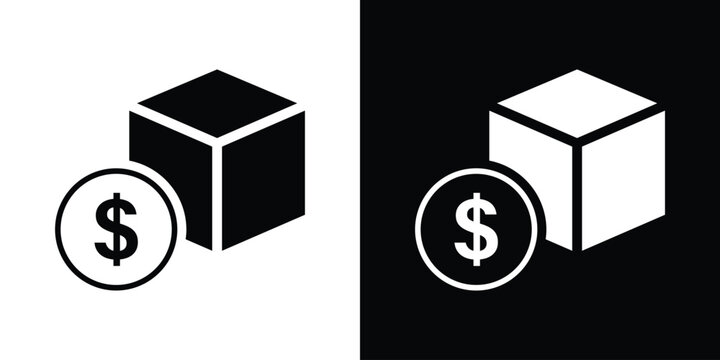 Product cost or asset value icon showing a 3D isometric cube block with a dollar coin symbol. Modern flat vector graphic for retail inventory price and merchandise value.