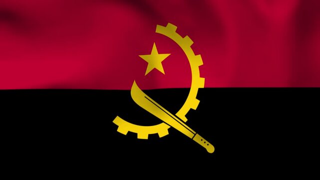 National flag of Angola featuring red and black horizontal bands with a yellow emblem. Wavy fabric texture in a professional top-down view for independence day and national holiday designs.