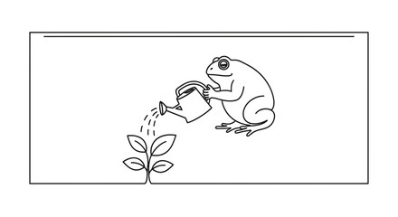 Fototapeta premium Cute Frog Watering a Small Plant with a Watering Can, Growth Concept
