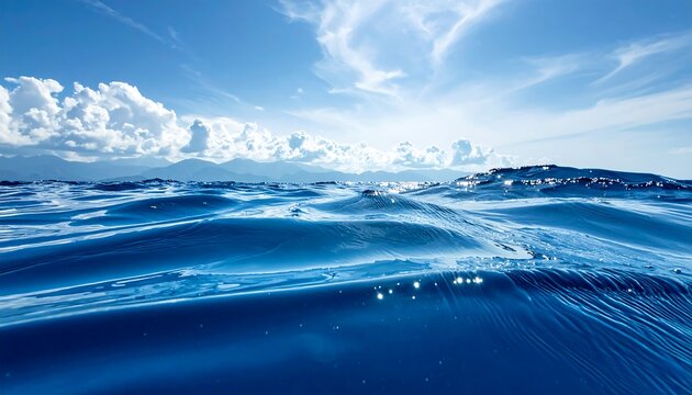 Sunny, clear blue waters ripple across the surface of the sea under a partly cloudy sky with distant land