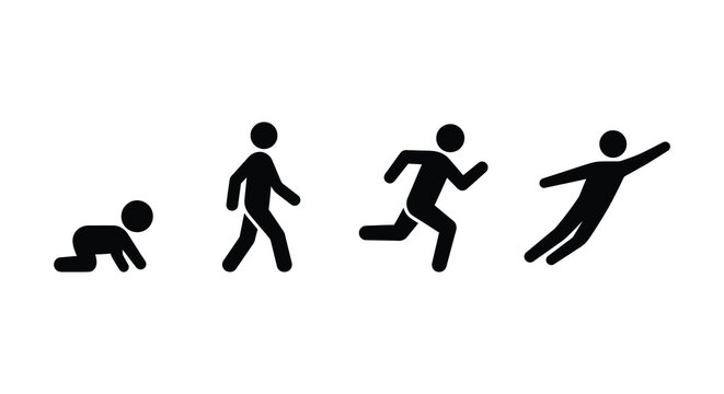 Human development stages icons showing crawl walk run and fly in black silhouette