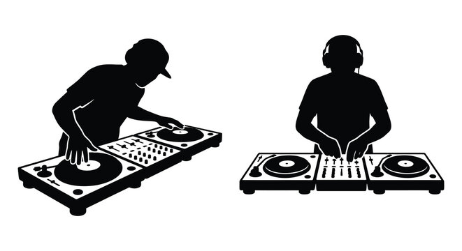 dj with turntables and headphones in black silhouette