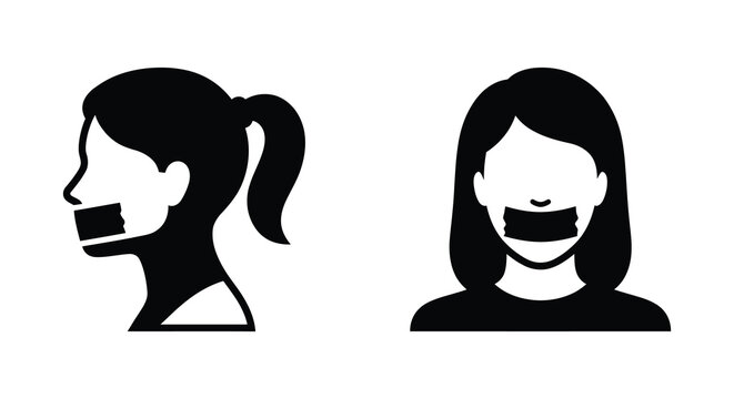 Woman s face with censored mouth black silhouette with two views on white background silhouette