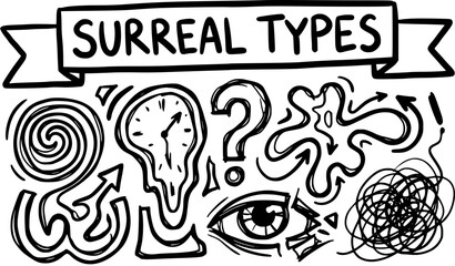 Fototapeta premium Surreal Black and White Line Art Icons: Melting Clock, Swirl, Question Mark, Eye, Arrows, Tangle