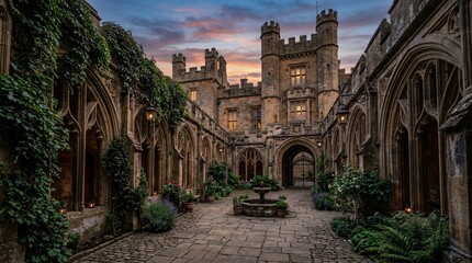 Fototapeta premium Ancient sandstone castle courtyard features elegant gothic arches and hanging ivy plants under a twilight sky, creating ambient atmosphere.