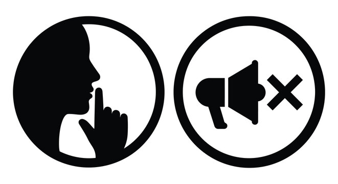 Quiet please and no sound icons as black silhouettes on a white background silhouette