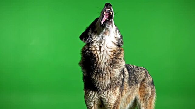 A majestic grey wolf with detailed fur howling loudly against a vibrant green screen background, captured in a studio setting.