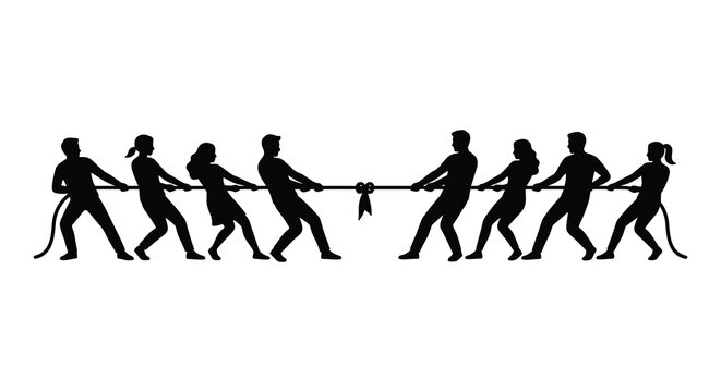 group of people pulling rope in tug of war competition black silhouette