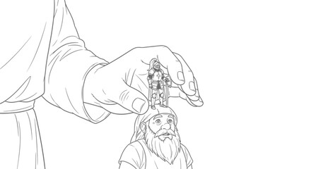 Fototapeta premium Giant Hand Places Tiny Knight Figure on Bearded Man's Head