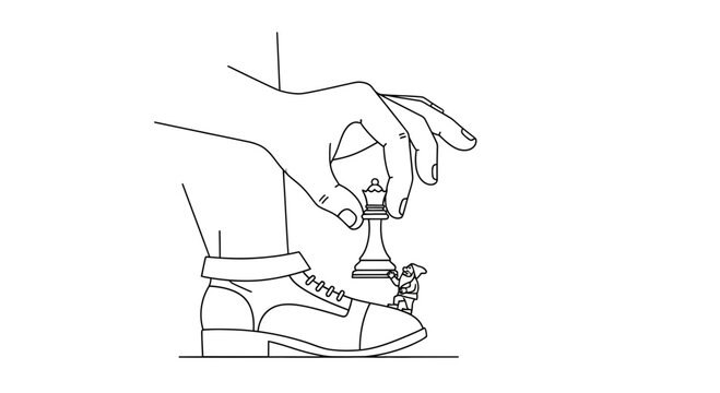 Giant hand places chess queen on shoe, crushing tiny figure, strategy concept