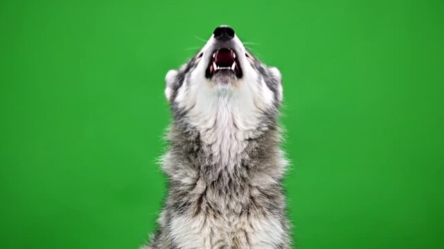 A majestic grey wolf howls with its head tilted back against a vibrant green screen background.