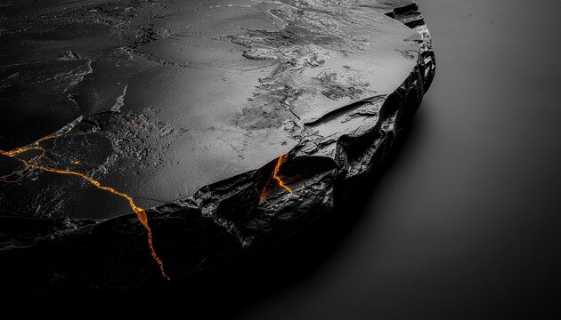 Photorealistic 8K Image of Molten Gold Leaking Through Obsidian Rock Fractures