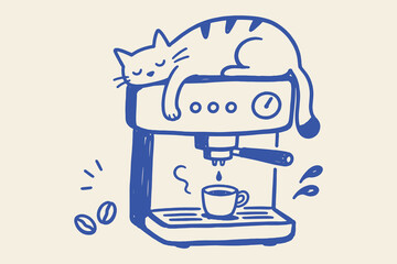 Fototapeta na wymiar Cat on Coffee Machine Doodle Sketch Vector Illustration