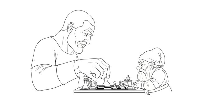 Giant Man and Dwarf Playing Chess Game, Strategy and Competition