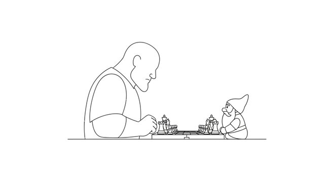 Giant Man and Gnome Play Chess Game Strategy Decision