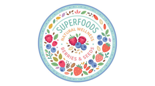 Circular logo illustration featuring fresh berries and superfood seeds with hand drawn lettering.