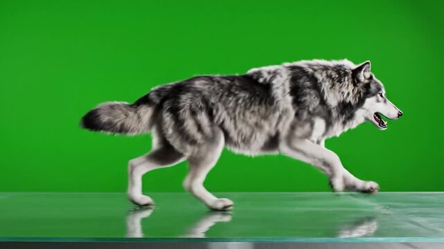 A majestic grey and white wolf running in profile on a reflective surface against a vibrant green screen background.