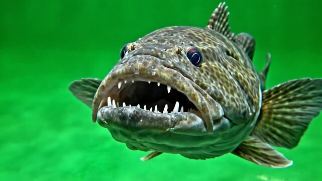 A detailed close-up of a predatory fish with its mouth wide open, showcasing sharp teeth against a vibrant green underwater background.