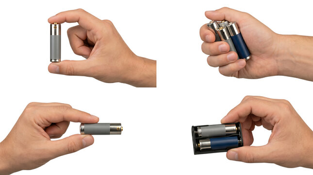 Four hands holding batteries in different isolated on white background, png transparent set, bundle collection, products festive celebration, event festival 2026, 2027 2028 download