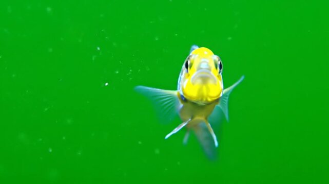 Close-up front view of a vibrant yellow fish with large eyes swimming in green water.