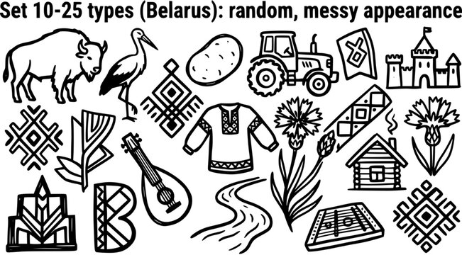 Black  White Line Art Set: Belarusian National Symbols, Cultural Icons  Folk Elements. Travel, Education  Heritage Outline Icons Collection