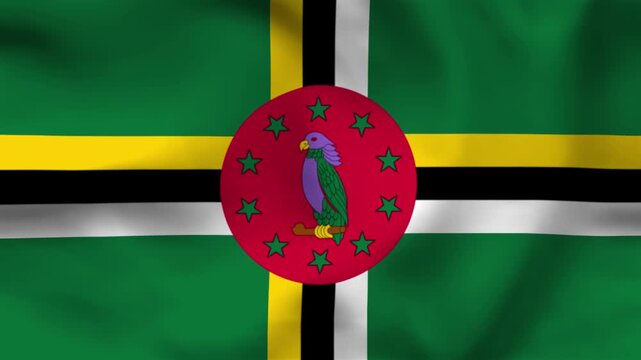 National flag of Dominica on wavy cloth. Features a green field, colorful cross, and Sisserou parrot. Top-down view for Caribbean island news, travel, and independence day