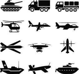 Obraz premium Military and Emergency Vehicles Silhouette Vector Icon Set