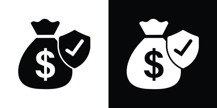 Financial protection icon showing a dollar money bag secured by a shield with a checkmark. Ideal for secure savings, insurance, protected investment, and banking safety.