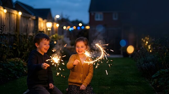Happy young boy and girl playing with glowing sparklers in a backyard garden at dusk during a festive celebration with family.