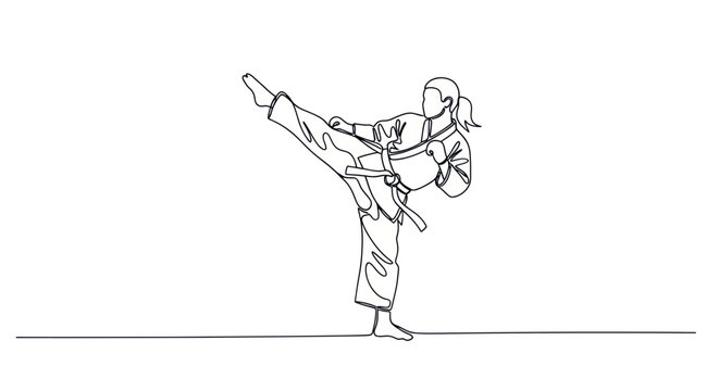 Martial Arts Woman Performing High Kick in Karate Gi - Continuous Line Drawing