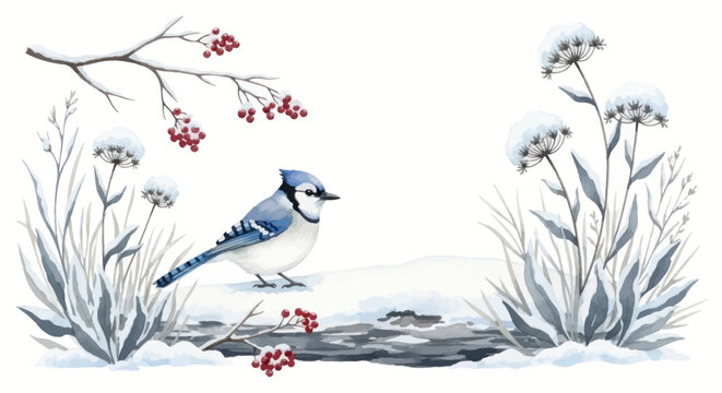 A blue jay perches on a snowy branch surrounded by frosted plants and berries in winter.