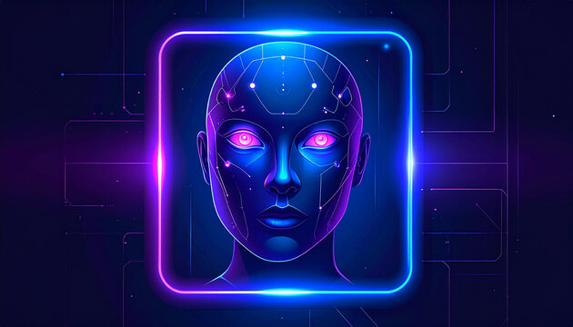 Neon blue robot head with glowing pink eyes and futuristic design elements