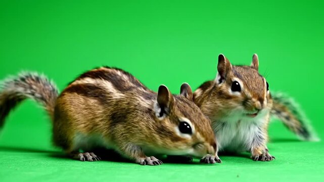 Two small chipmunks with striped fur are sitting on a vibrant green background, looking curious and alert.