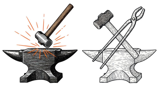Blacksmiths are shaping hot metal on an anvil with hammer and tongs nearby.
