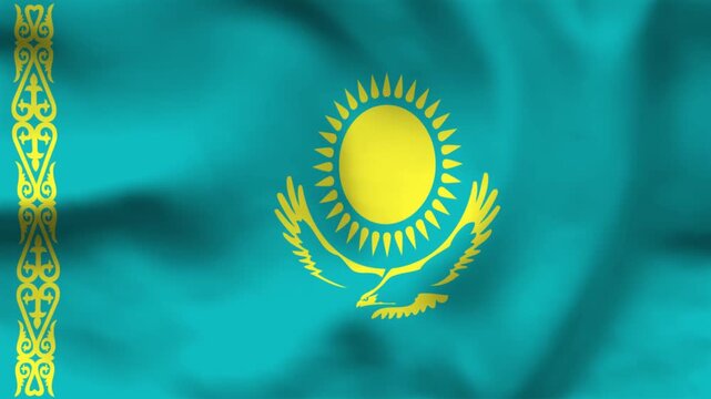 National flag of Kazakhstan on wavy cloth. Features a golden sun and steppe eagle on a blue field with traditional patterns. Professional top-down perspective for national events