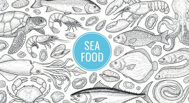 A colorful illustration of various seafood including fish, shellfish, and other sea creatures on a plate for food enthusiasts to explore.
