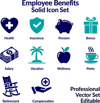 Create a Employee Benefits Solid Icon Set Health, Insurance, Pension, Bonus, Salary, Vacation, Wellness, Perks, Retirement, Compensation Professional .Vector Set Editable with white background.