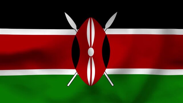 National flag of Kenya on wavy cloth. Features the Maasai shield on black, red, and green horizontal bands. High-quality top-down view for African pride and independence day. Madaraka Day