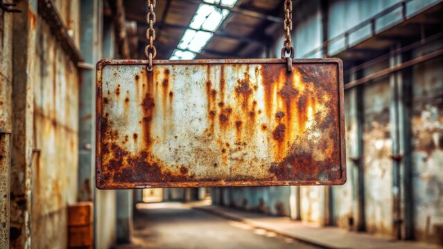A rusty metallic sign hangs from chains within an aged industrial corridor