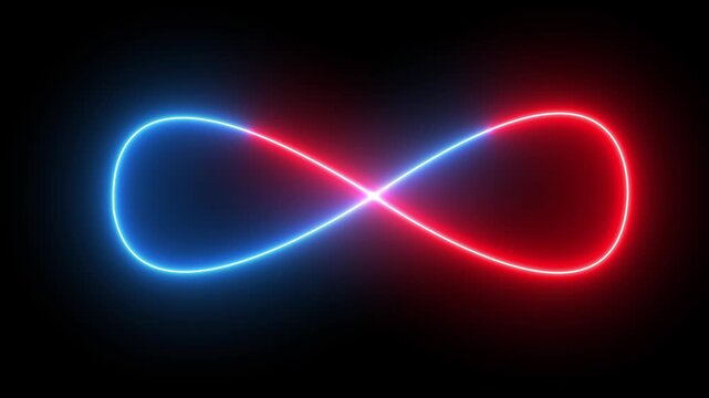 Red and Blue Neon Infinity Symbol on Dark Background &ndash; Glowing Endless Loop Light Futuristic Abstract Animation