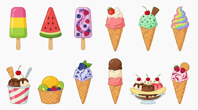 A colorful assortment of frozen treats, including ice cream cones, popsicles, and a banana split, perfect for a summer day Isolated on white background